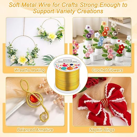 Anezus 12 Gauge Craft Wire Bendable - 2mm Metal Armature Sculpting Wire for Crafting, Wreath Making, Jewelry Making, Beading, Floral (Golden, 100 Feet)