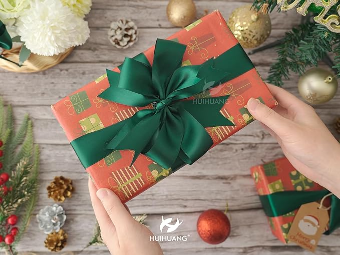 HUIHUANG Green Satin Ribbon 1-1/2 inch x 100 Yards Dark Green Double-Faced Satin Ribbon for Christmas Gift Wrapping, Flower Bouquet, DIY Crafts, Bows, Wedding Decoration