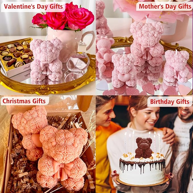 Bowtie Rose Bear Candle Mold 3D Teddy Bear Silicone Mold for DIY Handmade Soaps, Epoxy Resin Crafts, Father's Day Gifts, Birthday Gifts, Valentine's Day Gifts & Home Decorations Reusable Molds