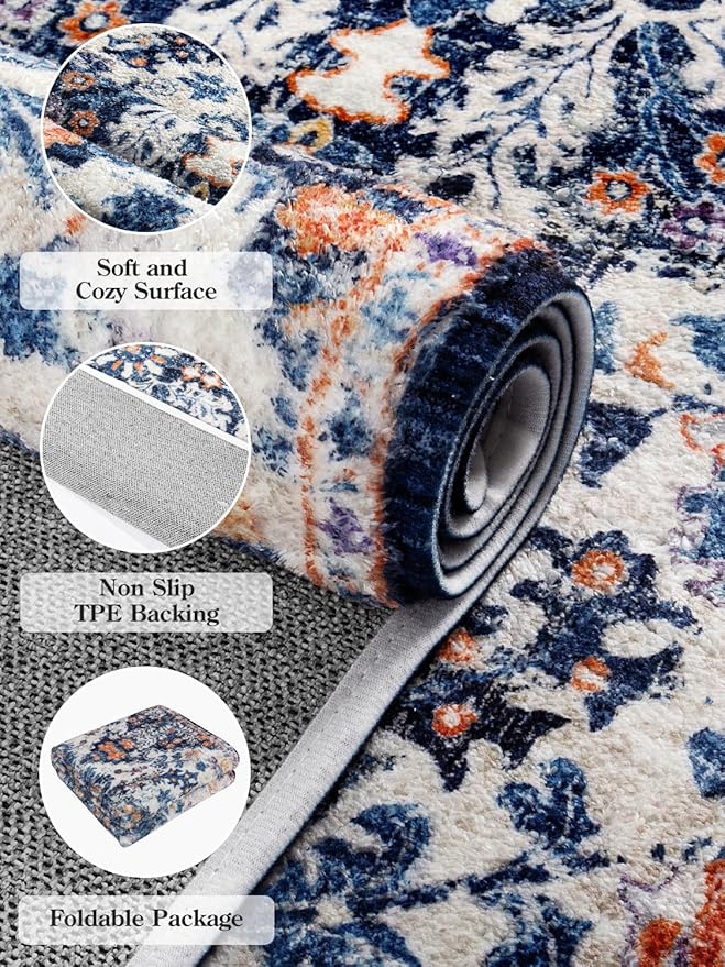 Lahome Bohemian Round Rug 3Ft Small Bedroom Round Area Rug Soft Bathroom Circle Mat, Vintage Machine Washable Non Slip Low Pile Indoor Floor Carpet for Kitchen Laundry Entryway, Blue Purple/Multi