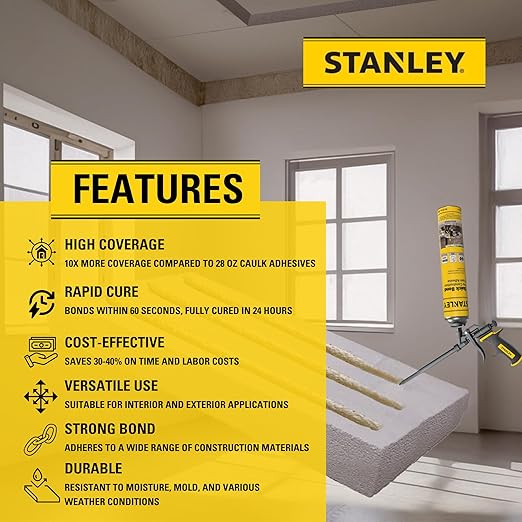 Stanley Quick Bond Adhesive Foam - 1x24oz, Reliable Bond Adhesive for Various Materials, Strong bonding, No Mixing, Gun Use, Including Gun, Cleaner | 1 Pack