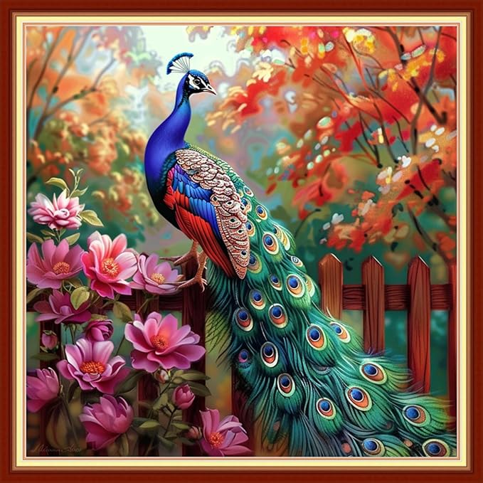Joyhoor Stamped Cross Stitch Kits for Beginners, Needlepoint Kits for Adults, 11CT Counted Embroidery Kits-Peacock Flowers 18x18 inchs