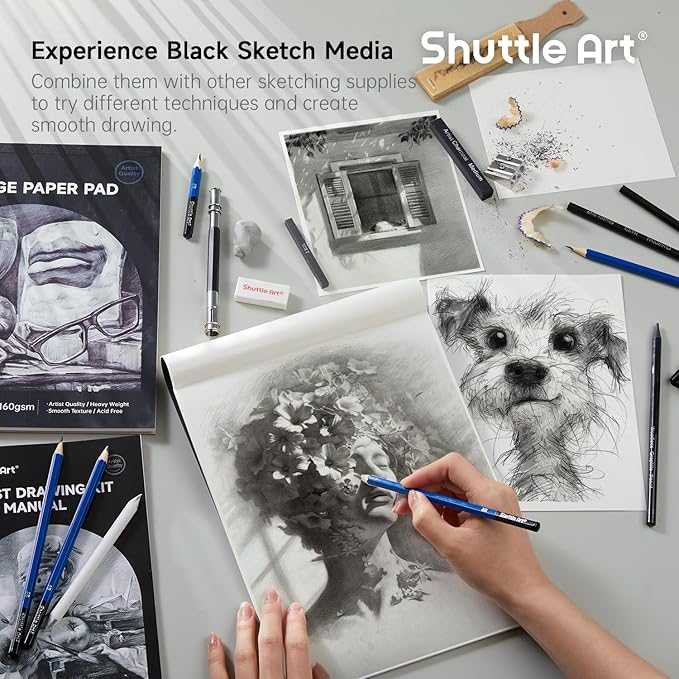 Shuttle Art 124 PCS Drawing Kit, Professional Drawing Supplies with Sketch, Charcoal, Colored, Graphite, Pastel Pencils & Sticks, Complete Drawing Tools and Paper Pads in Zipper Case for Artists&Kids