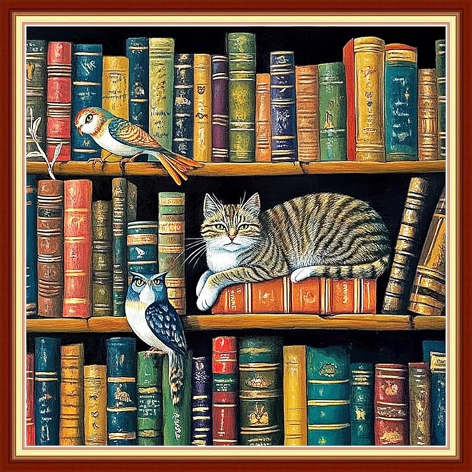 Joyhoor Cross Stitch Kits for Beginners Stamped Cross-Stitch Supplies Needlework preprint Embroidery Kits for Adults DIY Needlepoint Kits Embroidery Patterns 11CT-Cat Bookshelf 18x18 inchs