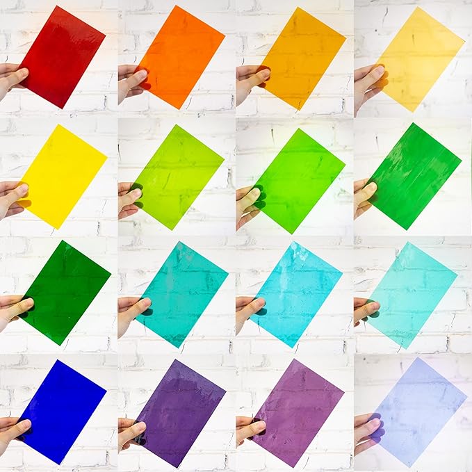 16 Sheets 4x6 in Iridescent Stained Glass Sheets, Glass Cathedral Art, Mosaic Glass, Glass Sheets Supplies with Copper Foil Tape and Gloves for Glass Lovers DIY (Transparent)