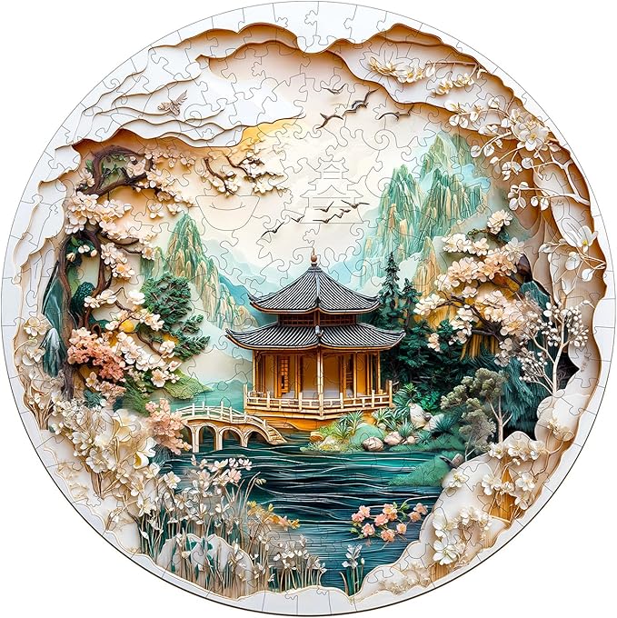 KAAYEE Wooden Puzzles for Adults, 3D Visual Effect Chinese Landscape Painting Wooden Jigsaw Puzzle Unique Shape Wood Puzzle Adult, 3D Effect Flat Puzzle Birthday Family Games (S-8.5 * 8.5 in-100pcs)