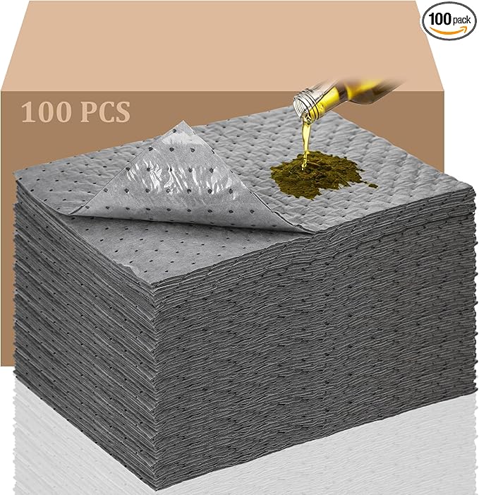 Sawysine 100 Pcs Adhesive-Backed Oil Absorbent Pads 13" x 10" Non-Slip Oil Absorbing Mats Gray Water Absorbent Mat for Garage Accessories Kitchen Basement Supplies