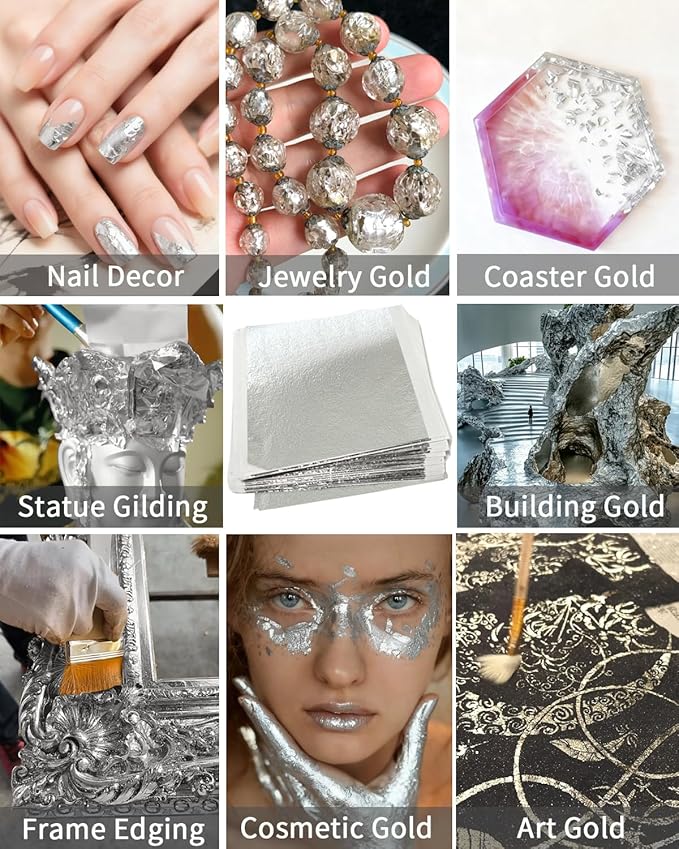 Luckymica Gold Leaf Sheets, 100 Pcs Adequate Gold Foil Sheets for Arts, Crafts, Decoration, Gilding, Paints, DIY, 5.5" x 5.5", Silver
