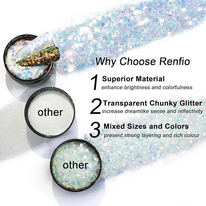Renfio Opal Chunky Glitter - 1.75oz/50g Black Holographic Iridescent Glitters for Resin Nails Art, Hair, DIY Crafts & Snow
