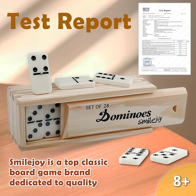 Smilejoy Dominoes Set for Adults, Domino Set for Classic Board Games, Double 6 Domino Game Set 28 Pieces with Natural Wood Case (2 Players)
