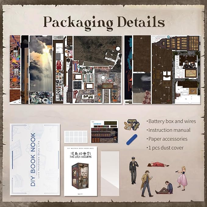Cutefun Book Nook Kit - DIY Miniature Dollhouse Kit for Adults and Teens, Bookend Mini House Building Kit with LED, 3D Wooden Puzzle for Beginner Creative Gifts (The Long Goodbye)