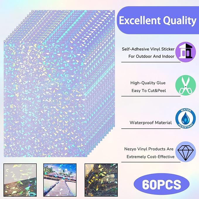 Nezyo 60 Sheets Holographic Laminate Sheets Clear Glitter A4 Size Vinyl Sticker Paper Holographic Overlay Self Adhesive Waterproof Transparent Film, 11.7 x 8.3 Inch (Broken Grass)