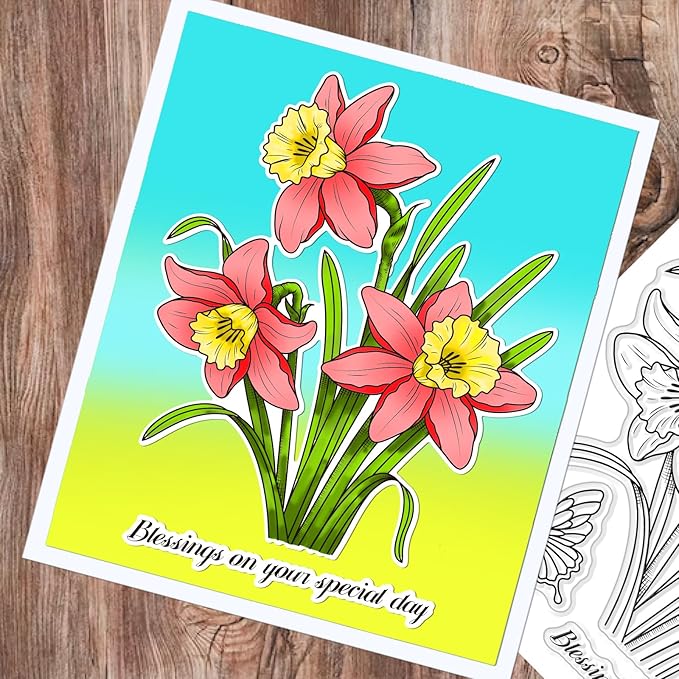 ORIGACH Realistic Daffodil Flower Stamps and Dies and Layering Coloring Stencil Set, Silicone Stamps Metal Die Cut and Flower Stencil Template for Card Making Scrapbooking DIY Crafting