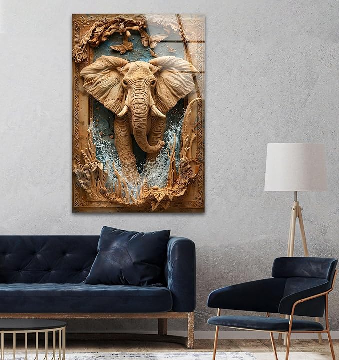 My Photostation.com 24Wx30H'' Elephant Carving Glass Wall Art Tempered Glass Printing Wall Decor Large Wall Art Wall Hangings