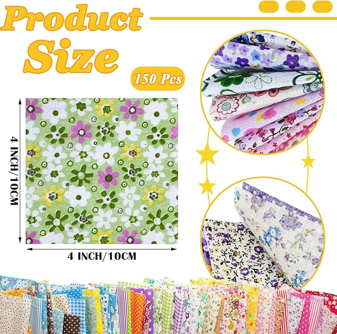 150 Pcs Cotton Craft Fabric Bundle Squares, Multicolored Abstract Pattern, 4 x 4 Inch, Pre-Cut Quilt Squares