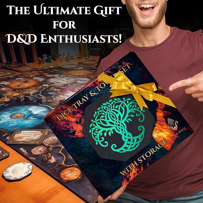 Dice Tray and Dice Tower for DND and RPG - All-in-One Game Roamer Tray & Large Tower for Random Rolls - Stores Your Sets, Mini's and More Compatible with D&D (Green Tree)