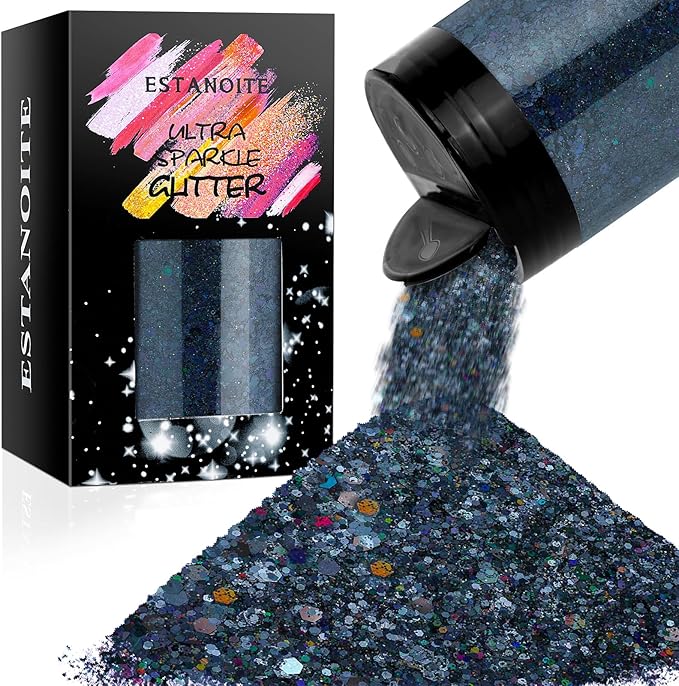 Laser Black Chunky & Fine Iridescent Glitter Mix, 160G/5.64OZ - Cosmetic Glitter for Nail, Hair, Makeup, Body & Tumbler - Bulk
