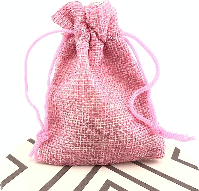Palmhomee Pack Of 25 Burlap Gift Bags with Drawstring Linen Jewelry Pouches Wedding Hessian Jute Bags for Birthday and Treat Pouches Party Wedding Favors Gift (3.6x4.8 Inch, Pink)