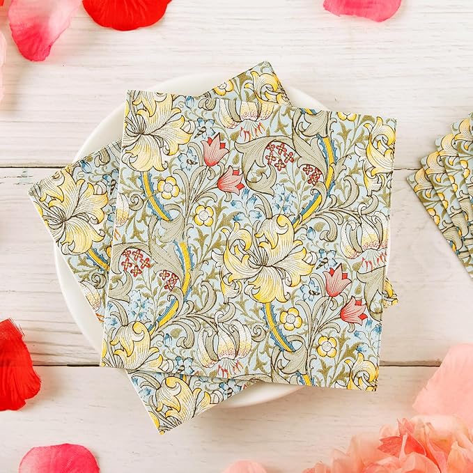 Quera 50 Pack William Morris Cocktail Napkins Golden Lily White Paper Napkins Beverage Napkins Disposable Paper Party Napkin Pack Decoration 5 "X 5"