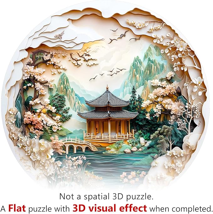 KAAYEE Wooden Puzzles for Adults, 3D Visual Effect Chinese Landscape Painting Wooden Jigsaw Puzzle Unique Shape Wood Puzzle Adult, 3D Effect Flat Puzzle Birthday Family Games (S-8.5 * 8.5 in-100pcs)