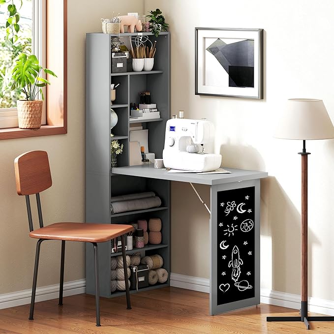HOMCOM Fold-Out Convertible Writing Table, Wall Mount Desk Cabinet with Blackboard and Side Shelf Multi-Function Home Office Workstation, Charcoal Gray