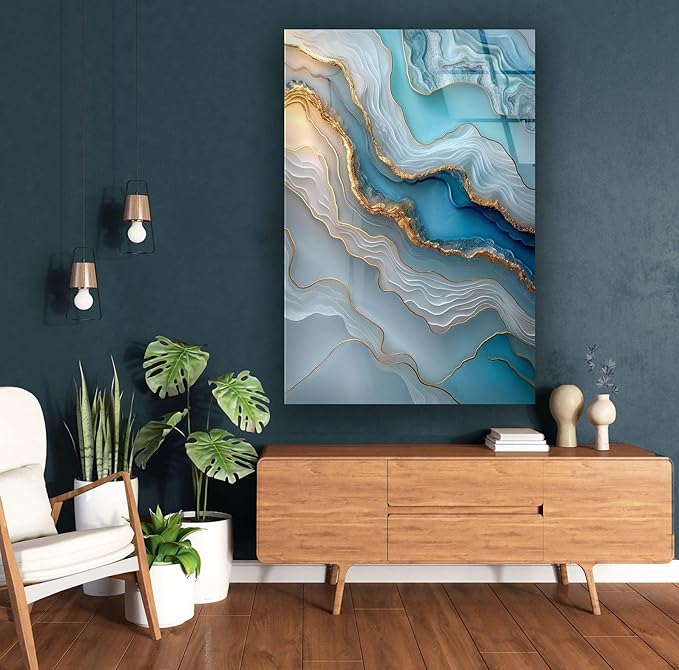 My Photostation.com 32Wx48H'' Turquoise and Blue Alcohol ink Glass Wall Art Tempered Glass Printing Wall Decor Large Wall Art Wall Hangings