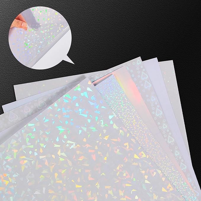 36 Sheets Holographic Laminate Sheets Transparent Holographic Sticker Paper Self Adhesive Laminating Sheets Clear Vinyl Waterproof Overlay for Sticker Pape, 8.5x11 inch 6 Patterns