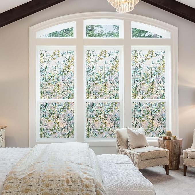 NINETREX Stained Glass Window Film 3D Decorative Cling, Sun Blocking Static Cling Removable Film for Glass Door, Home Decor Window Cover Non-Adhesive 23.6 x 157.4 inches, Leaf