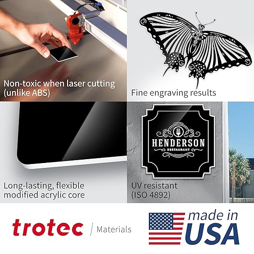 Trotec TroLase | 12"x20"x1/8", 4 Pcs | Black/White | 2 Ply | Modified Acrylic | Laser Engraving Double Color Plastic Sheet | Engraving Blanks for Laser, Saw, Guillotine | Made in USA