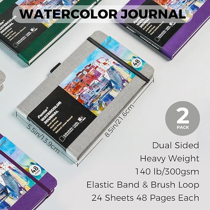 Funto Watercolor Journal, 8.5x5.5, 2 Pack, 48 Pages Each, Cold-Pressed, Inner Paper Pocket and Elastic Band, Art Supplies for Mixed Media