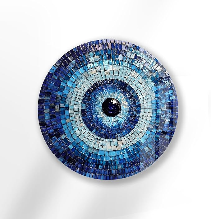 My Photostation.com 20''(50cm) Diameter Blue Mosaic Evil Eye Round Glass Wall Art Tempered Glass Printing Wall Decor Large Wall Art Wall Hangings