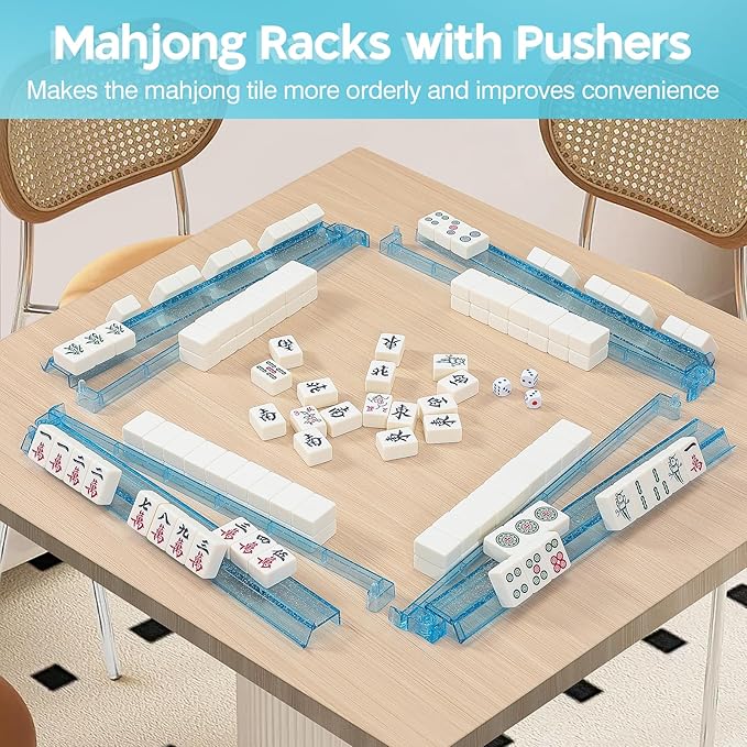 Mahjong Racks with Pushers Set of 4, Mahjong Tile Pushers and Racks, Acrylic Majiang Tile Holders Accessories (Bling Blue)