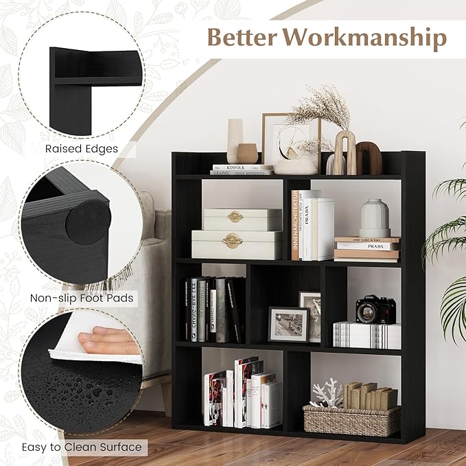 Giantex 7 Cubes Bookshelf, Free-Standing Wooden Bookcase, 4 Tier Home Display Shelf, Horizontal Storage Unit w/Anti-Toppling Devices, Open-Back Display Rack for Study, Living Room (1, Black)