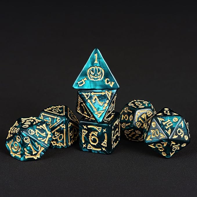 7-Die DND Dice Set Halloween Pattern Polyhedral Die Set with Leather Bag, Skull Dice D&D Die for RPG Table Games (Halloween Pattern-Green)