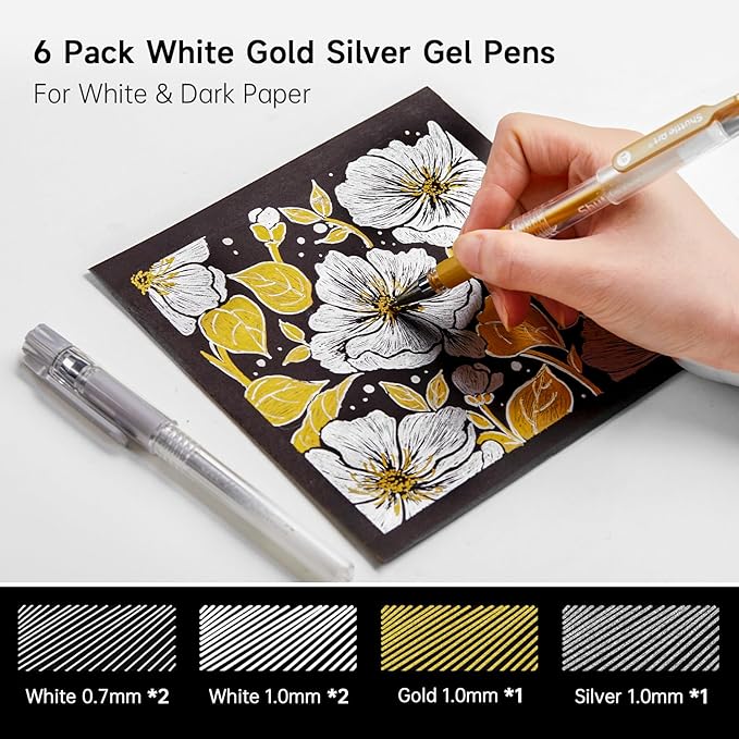 Shuttle Art White Gold Silver Gel Pens, 6 Pack 0.7mm, 1.0mm Metallic Gel Ink Pens Fine Point for Black Paper Highlighting Card Making Scrapbooking Coloring Writing Drawing School Office Home