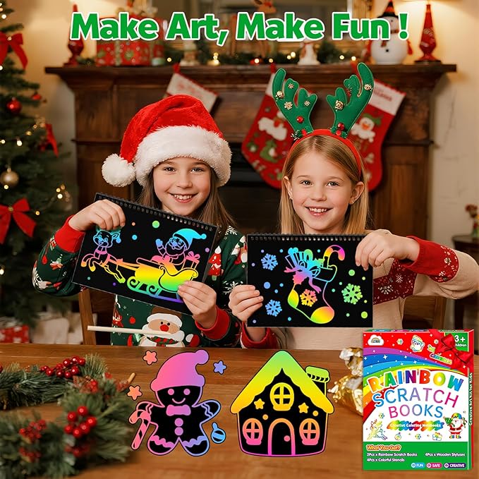 ZMLM Scratch Paper Art Craft: 2 Pack Rainbow Scratch Set for 3 4 5 6 7 8 9 10 Years Old Girls Boys Students Drawing Coloring Black Magic Art Supplies Kits Gifts School Birthday Party Toys(Christmas)
