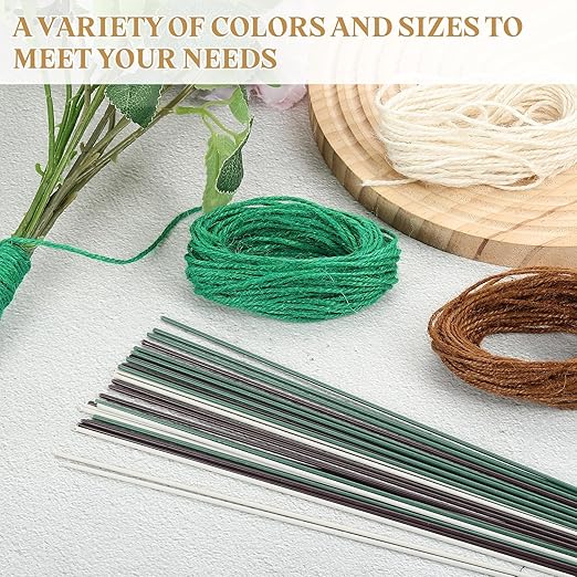 uxcell 50Pcs 2 Gauge Floral Wire, 11.81" Length Flower Stem Wires with 0.08" x 32.8ft Twine for Wreath Making, Flower Arrangement, Light Green