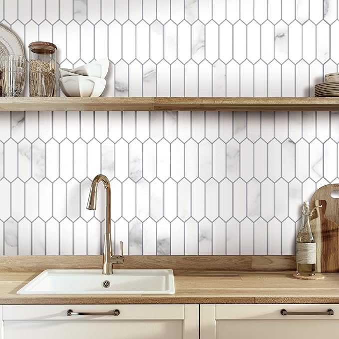 SUNWINGS Backsplash Tile for Kitchen Peel and Stick, Stone Composite Self Adhesive Tiles Faux Marble Pattern Long Hexagon Mosaic Wall Tile for Kitchen, 12 Inch x 11.22 Inch 10 Sheets White Marble