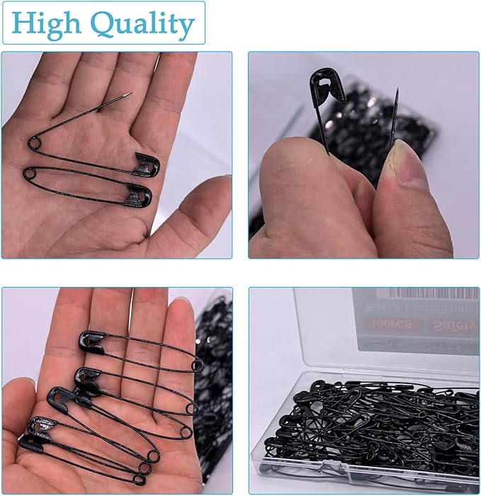 Safety Pins, 100PCS-2.1Inch Small Safety Pins, Rust-Resistant Nickel Plated Steel, Sharp Edge Safety Pin for Clothes, Sewing, Arts & Craft, Small Decorative Safety Pins (Black), UR-28