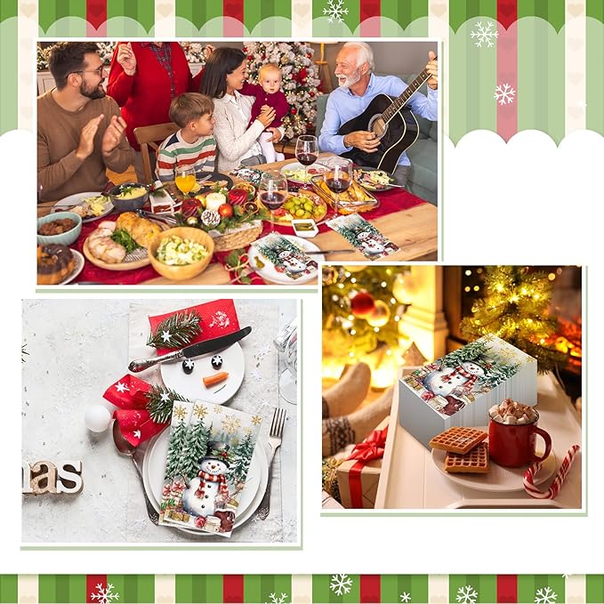100 Pcs Christmas Guest Napkins 2 Ply Snowman Disposable Paper Napkins for Decoupage Snowflake Elk Xmas Tree Decorative Winter Christmas Cocktail Guest Hand Towel for Party Table Dinner Bathroom