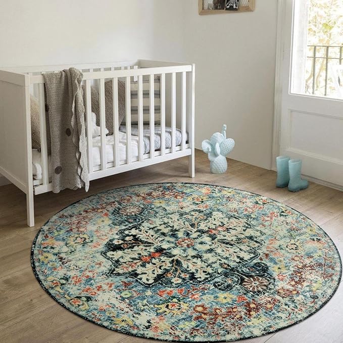 Lahome Bohemian Floral Medallion Round Rug - 4Ft Entryway Round Area Rug Soft Bathroom Circle Mat, Teal Turkish Non Slip Machine Washable Indoor Accent Carpet for Bedroom Kitchen Coffee Table