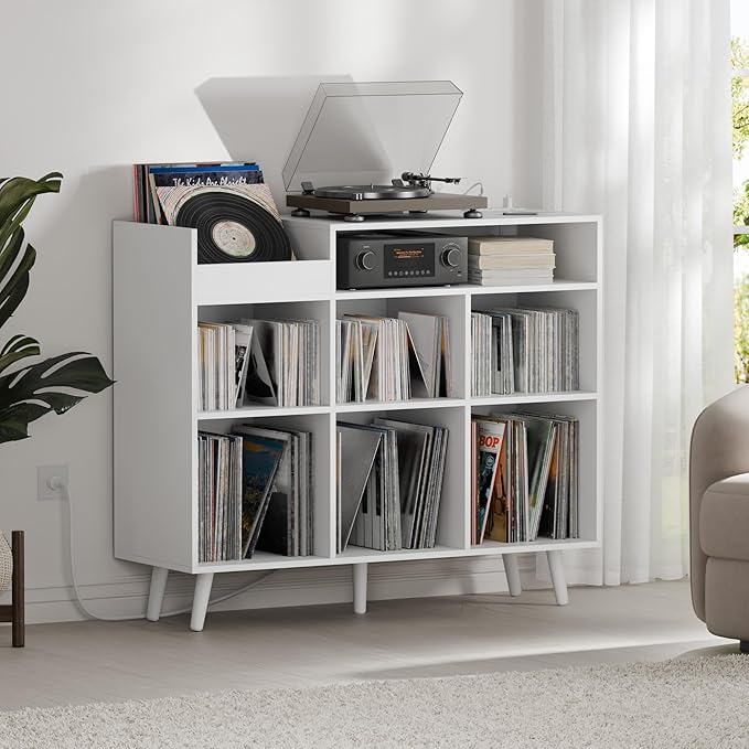 Cozy Castle Large Record Player Stand, Vinyl Storage Cabinet Mid Century Modern Turntable Stand Media Console Table Open Shelf Cube CD Album Holder Organizer for Living Room, Office, White