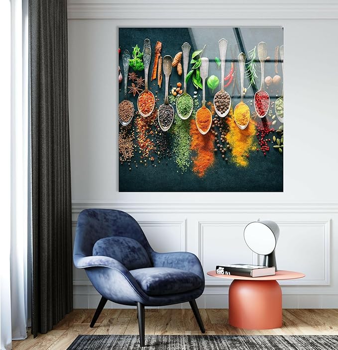 My Photostation.com 60WX40H'' Spoon Spices Glass Wall ArtTempered Glass Printing Wall Decor Large Wall Art Wall Hangings