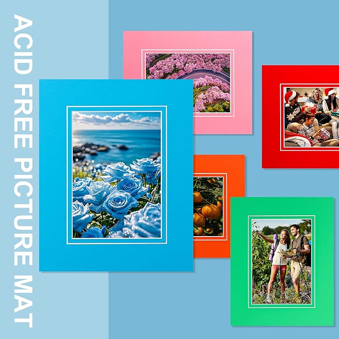 HOTUO 10 Pack 8x10 Mixed Colors Picture Mats, 4 Ply Thickness Frame Mattes for 5x7 Photo, Photo Mat with Core Bevel Cut, for Frames/Artwork/Print/Picture