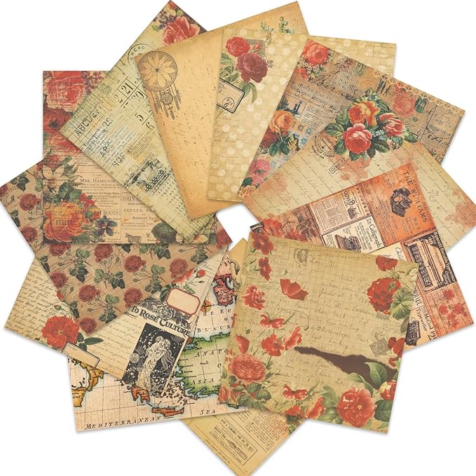 Vintage Scrapbook Paper 12 ×12 - 24Sheets Double-Sided Retro Rose Patterned Paper Junk Journaling Scrapbooking CardStock Papers Pad for Cardmaking DIY Origami Craft Papers.