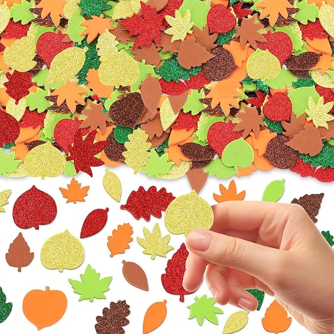 300Pcs Fall Foam Leaf Stickers, Autumn Glitter Maple Leaves Self Adhesive Foam Stickers Thanksgiving Party Favors DIY Crafts Decorations