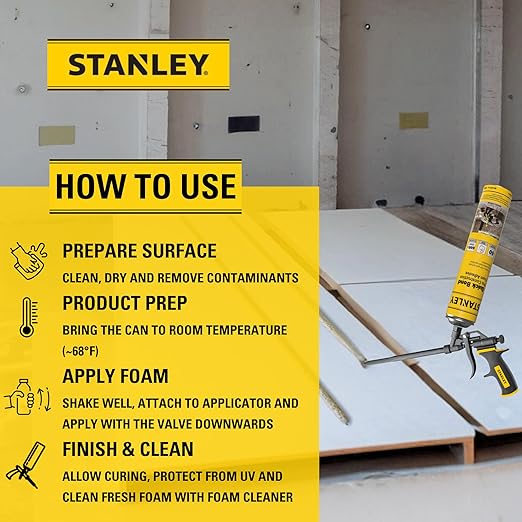 Stanley Quick Bond Adhesive Foam - 1x24oz, Reliable Bond Adhesive for Various Materials, Strong bonding, No Mixing, Gun Use, Including Gun, Cleaner | 1 Pack