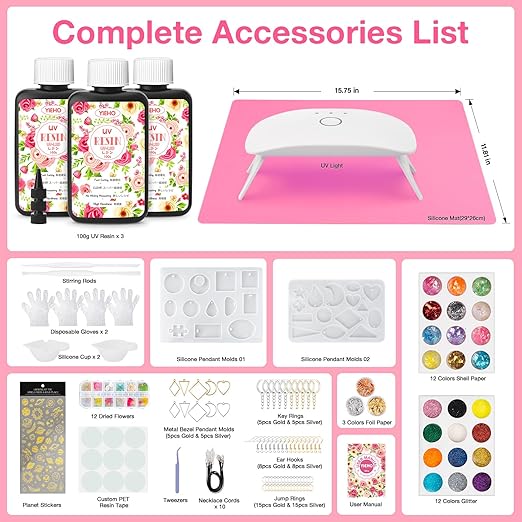 YIEHO 300g UV Resin Kit with Light and Molds, Upgraded Crystal Clear Hard UV Curing Premixed Resin Starter Jewelry Making Kit for DIY Keychain, Earring and Necklace