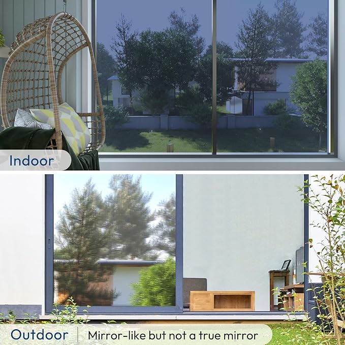 rabbitgoo Window Privacy Film One Way Window Tint for Home, Removable Reflective Heat Sun Blocking Anti UV Glass Door Covering, Mirror Tinting Film House Office, 35.4 in X 32.8 Feet, Blue Silver