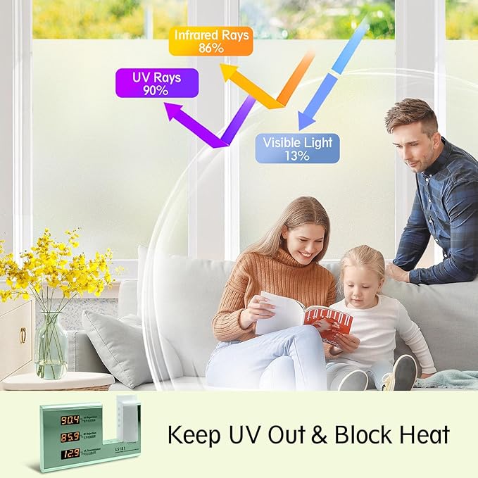 Frosted Glass Window Privacy Film - UV Sun Blocking Heat Control, Static Cling Removable & Reusable for Home, Bathroom, and Office (Frosted 45.2 Inch x 6.5 Feet)